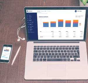 Image of a laptop with a bar infographic